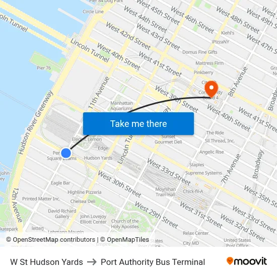 W St Hudson Yards, New York (New York City), NY 10001 to Port Authority Bus Terminal map