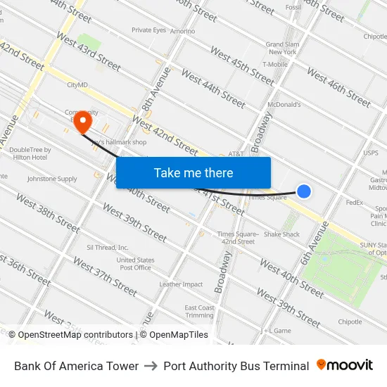 Bank Of America Tower to Port Authority Bus Terminal map