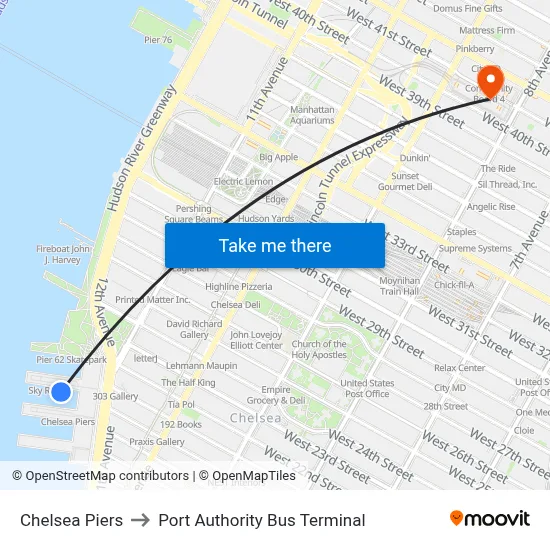 Chelsea Piers to Port Authority Bus Terminal map