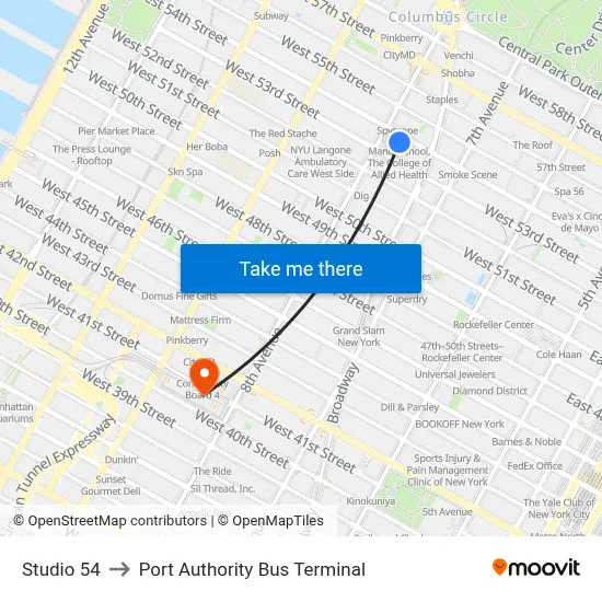 Studio 54 to Port Authority Bus Terminal map