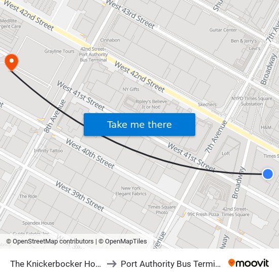 The Knickerbocker Hotel to Port Authority Bus Terminal map