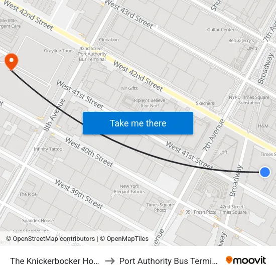 The Knickerbocker Hotel to Port Authority Bus Terminal map