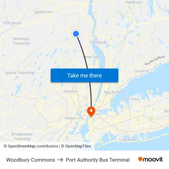 Woodbury Commons to Port Authority Bus Terminal map
