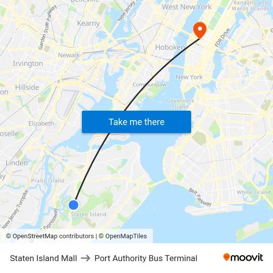 Staten Island Mall to Port Authority Bus Terminal map