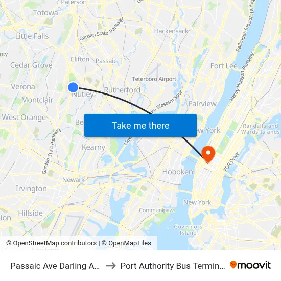 Passaic Ave Darling Ave to Port Authority Bus Terminal map
