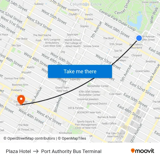 Plaza Hotel to Port Authority Bus Terminal map