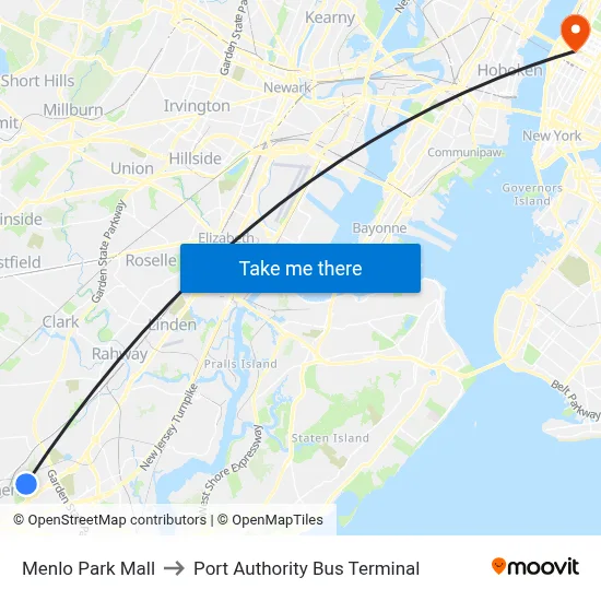 Menlo Park Mall to Port Authority Bus Terminal map