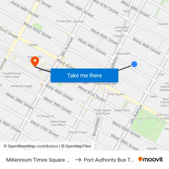 Millennium Times Square New York to Port Authority Bus Terminal map