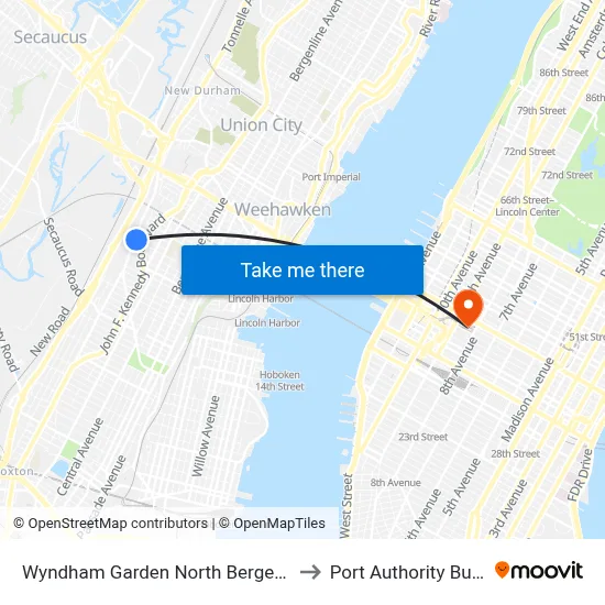 Wyndham Garden North Bergen Near Secaucus to Port Authority Bus Terminal map