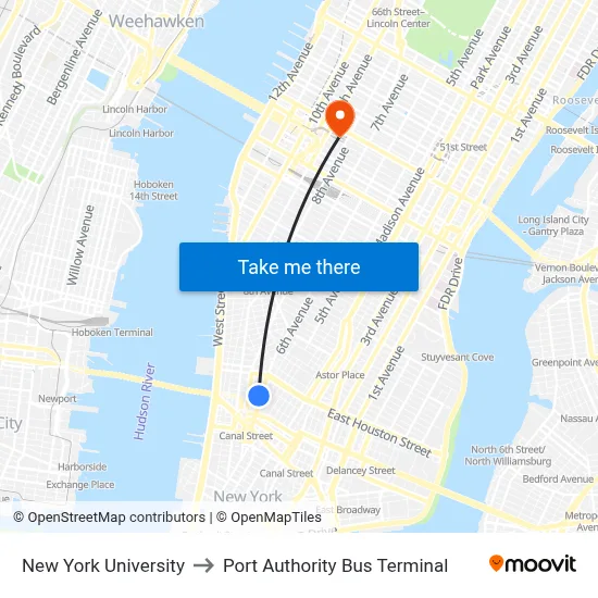New York University to Port Authority Bus Terminal map