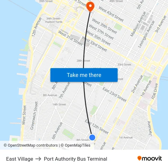 East Village to Port Authority Bus Terminal map