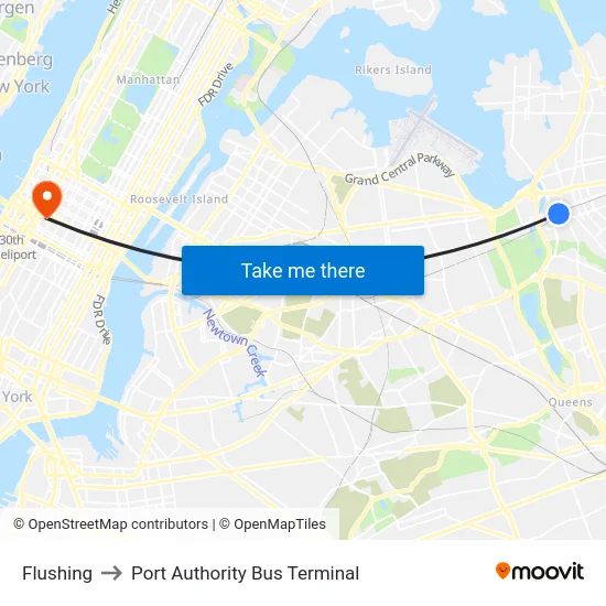 Flushing to Port Authority Bus Terminal map