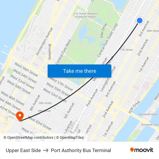 Upper East Side to Port Authority Bus Terminal map