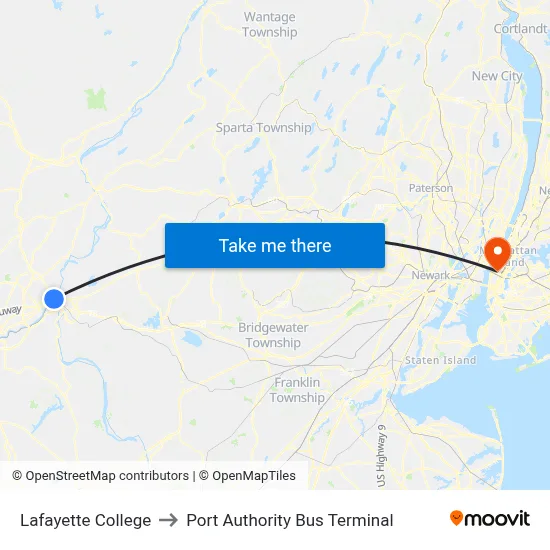 Lafayette College to Port Authority Bus Terminal map