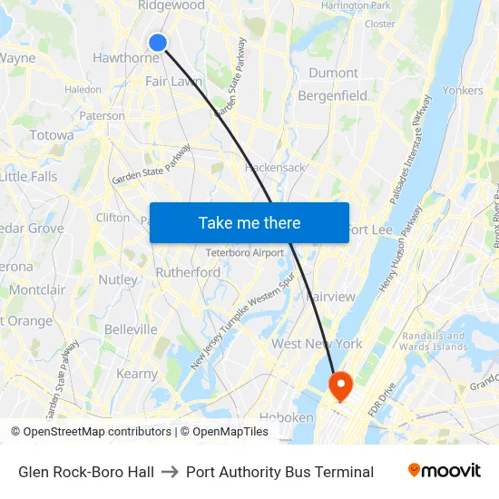 Glen Rock-Boro Hall to Port Authority Bus Terminal map