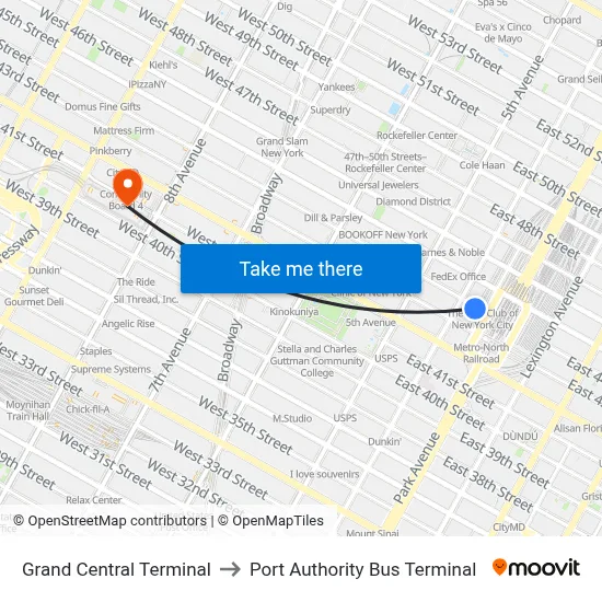 Grand Central Terminal to Port Authority Bus Terminal map