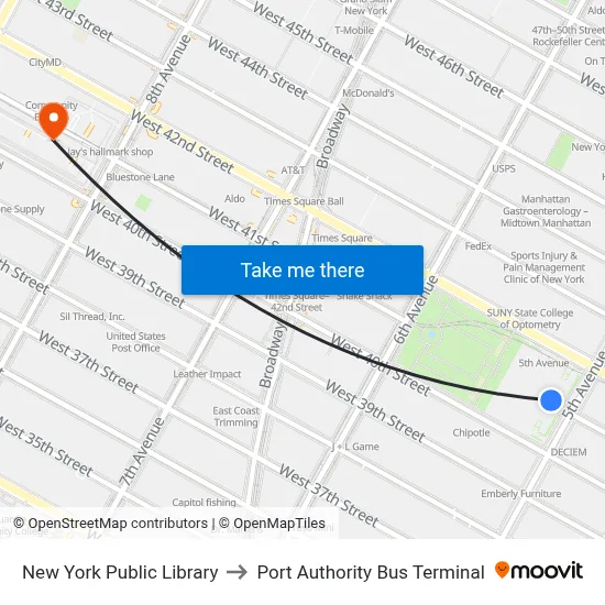 New York Public Library to Port Authority Bus Terminal map