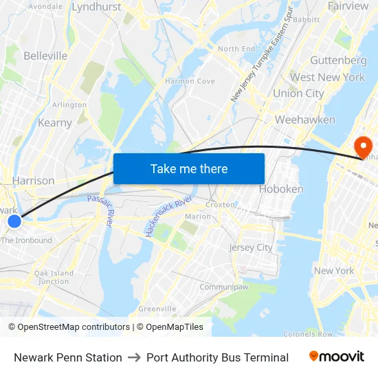 Newark Penn Station to Port Authority Bus Terminal map