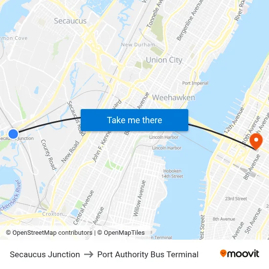 Secaucus Junction to Port Authority Bus Terminal map