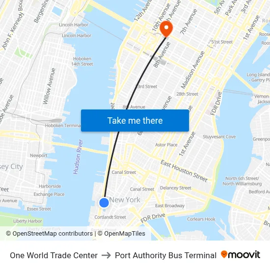One World Trade Center to Port Authority Bus Terminal map