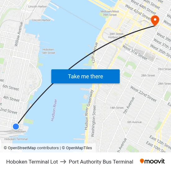 Hoboken Terminal Lot to Port Authority Bus Terminal map