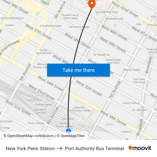 New York Penn Station to Port Authority Bus Terminal map