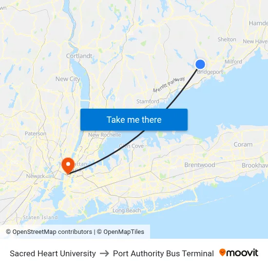 Sacred Heart University to Port Authority Bus Terminal map