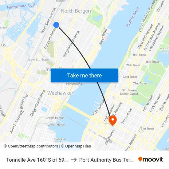 Tonnelle Ave 160' S of 69th St. to Port Authority Bus Terminal map