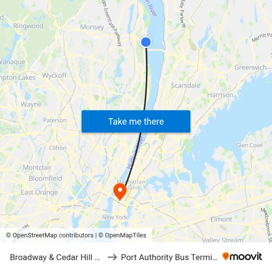 Broadway & Cedar Hill Ave to Port Authority Bus Terminal map