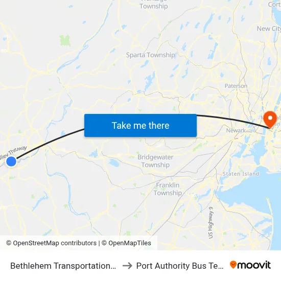 Bethlehem Transportation Center to Port Authority Bus Terminal map