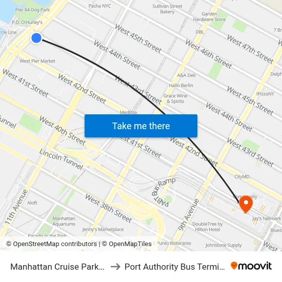 Manhattan Cruise Parking to Port Authority Bus Terminal map