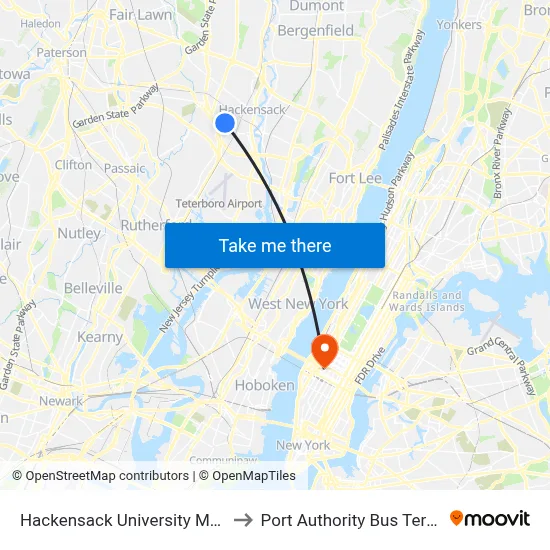 Hackensack University Med Ctr to Port Authority Bus Terminal map