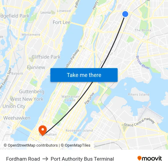 Fordham Road to Port Authority Bus Terminal map