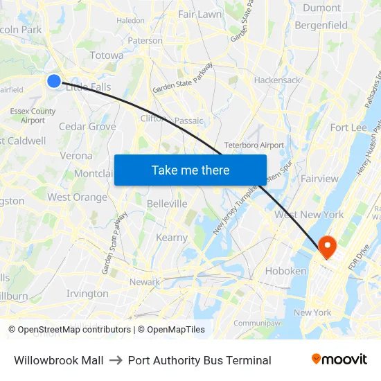 Willowbrook Mall to Port Authority Bus Terminal map