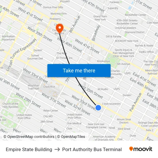 Empire State Building to Port Authority Bus Terminal map