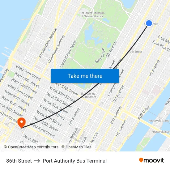 86th Street to Port Authority Bus Terminal map