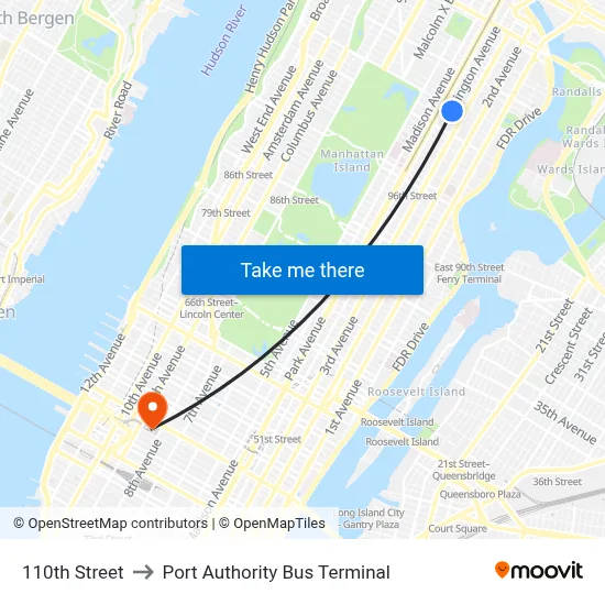 110th Street to Port Authority Bus Terminal map
