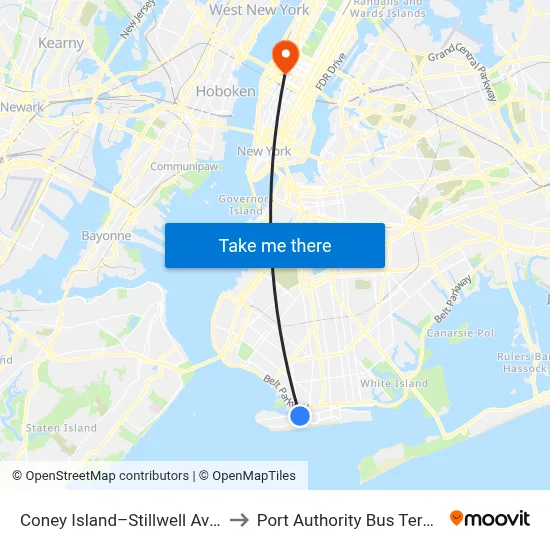 Coney Island–Stillwell Avenue to Port Authority Bus Terminal map