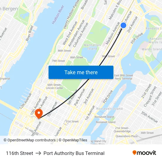 116th Street to Port Authority Bus Terminal map