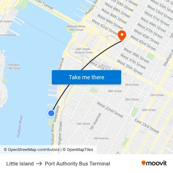 Little Island to Port Authority Bus Terminal map