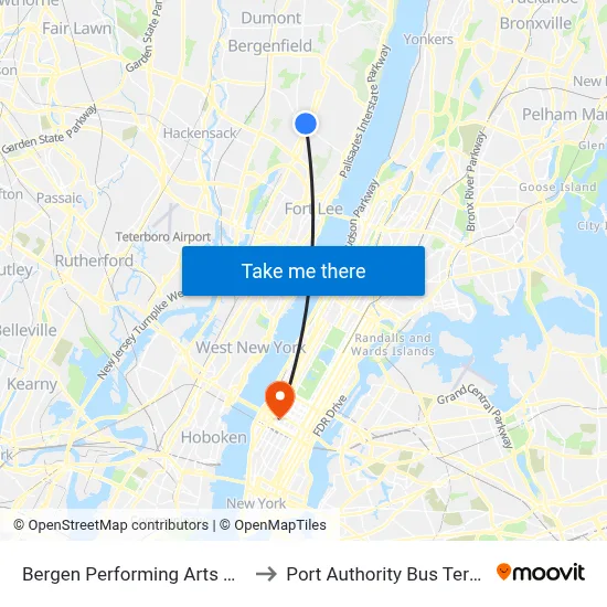 Bergen Performing Arts Center to Port Authority Bus Terminal map