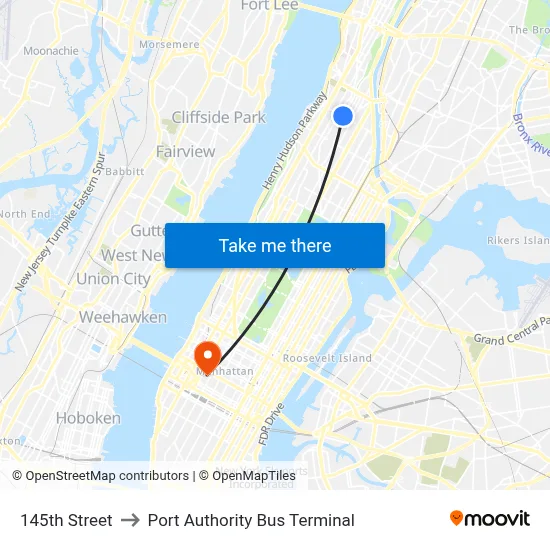 145th Street to Port Authority Bus Terminal map
