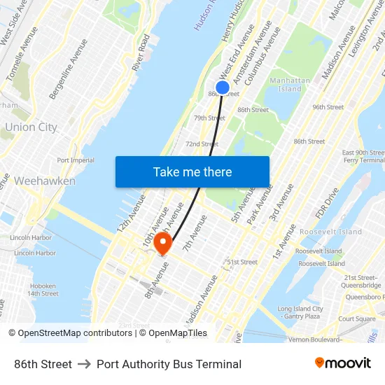 86th Street to Port Authority Bus Terminal map