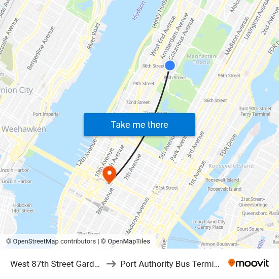 West 87th Street Garden to Port Authority Bus Terminal map