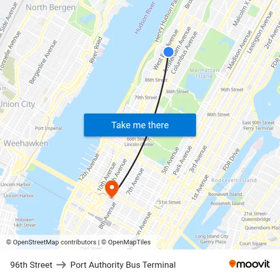 96th Street to Port Authority Bus Terminal map