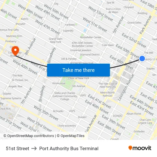 51st Street to Port Authority Bus Terminal map