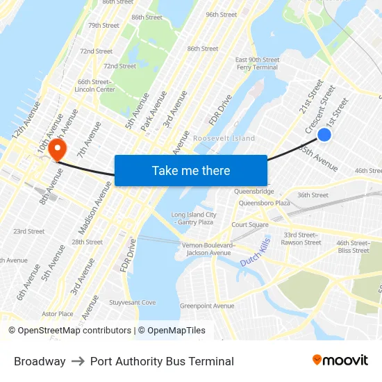Broadway to Port Authority Bus Terminal map