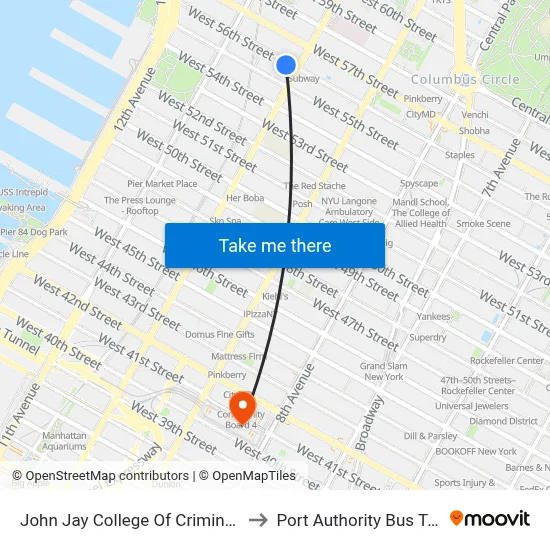 John Jay College Of Criminal Justice to Port Authority Bus Terminal map