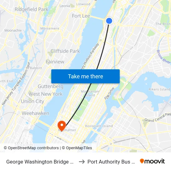 George Washington Bridge Bus Station to Port Authority Bus Terminal map