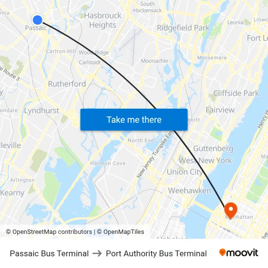 Passaic Bus Terminal to Port Authority Bus Terminal map